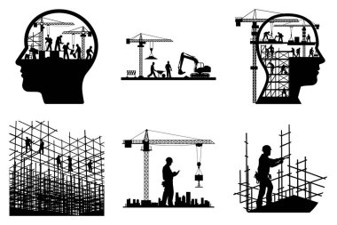 İnşaat işçileri ve ekipman silueti Clipart Bundle Design - İnşaatçılar, Araçlar ve Makineler Grafik Seti. Yapı Vektörü illüstrasyonu.