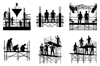İnşaat işçileri ve ekipman silueti Clipart Bundle Design - İnşaatçılar, Araçlar ve Makineler Grafik Seti. Yapı Vektörü illüstrasyonu.