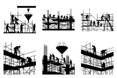 İnşaat işçileri ve ekipman silueti Clipart Bundle Design - İnşaatçılar, Araçlar ve Makineler Grafik Seti. Yapı Vektörü illüstrasyonu.