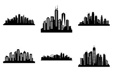 Modern Urban City Skyline Siluet Clipart Bundle Design. Grafik Tasarım İçin Minimalist Şehir Skyline Vektör İllüstrasyon Binaları Vektörü.