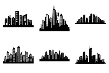 Modern Urban City Skyline Siluet Clipart Bundle Design. Grafik Tasarım İçin Minimalist Şehir Skyline Vektör İllüstrasyon Binaları Vektörü.