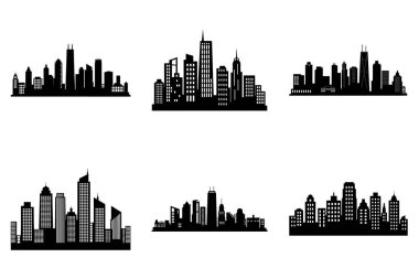 Modern Urban City Skyline Siluet Clipart Bundle Design. Grafik Tasarım İçin Minimalist Şehir Skyline Vektör İllüstrasyon Binaları Vektörü.