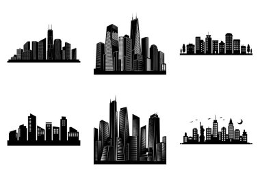 Modern Urban City Skyline Siluet Clipart Bundle Design. Grafik Tasarım İçin Minimalist Şehir Skyline Vektör İllüstrasyon Binaları Vektörü.