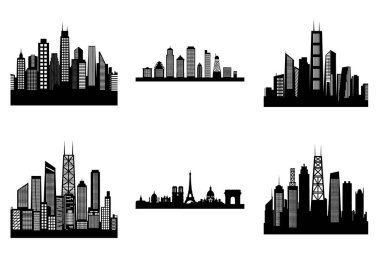 Modern Urban City Skyline Siluet Clipart Bundle Design. Grafik Tasarım İçin Minimalist Şehir Skyline Vektör İllüstrasyon Binaları Vektörü.