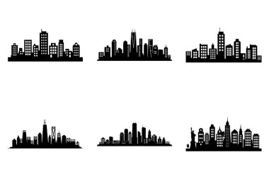 Modern Urban City Skyline Siluet Clipart Bundle Design. Grafik Tasarım İçin Minimalist Şehir Skyline Vektör İllüstrasyon Binaları Vektörü.