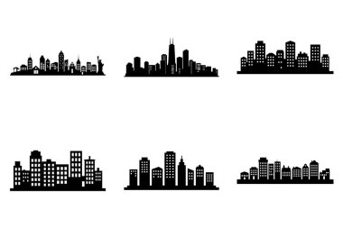 Modern Urban City Skyline Siluet Clipart Bundle Design. Grafik Tasarım İçin Minimalist Şehir Skyline Vektör İllüstrasyon Binaları Vektörü.