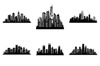 Modern Urban City Skyline Siluet Clipart Bundle Design. Grafik Tasarım İçin Minimalist Şehir Skyline Vektör İllüstrasyon Binaları Vektörü.