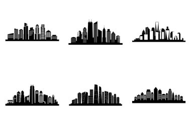 Modern Urban City Skyline Siluet Clipart Bundle Design. Grafik Tasarım İçin Minimalist Şehir Skyline Vektör İllüstrasyon Binaları Vektörü.