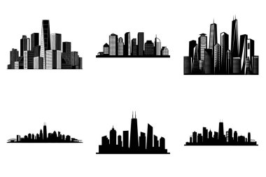 Modern Urban City Skyline Siluet Clipart Bundle Design. Grafik Tasarım İçin Minimalist Şehir Skyline Vektör İllüstrasyon Binaları Vektörü.