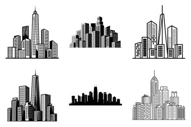 Modern Urban City Skyline Siluet Clipart Bundle Design. Grafik Tasarım İçin Minimalist Şehir Skyline Vektör İllüstrasyon Binaları Vektörü.