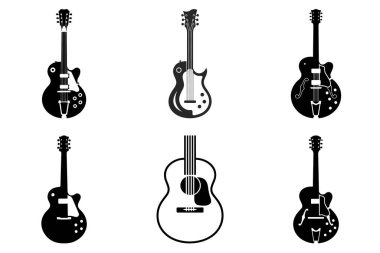 Minimalist Gitar Silüeti Clipart Bundle. Electric Guitar, Classic Acoustic Guitar, Rockstar Guitar, Modern Guitar, Music Instrument Vector Illustration.
