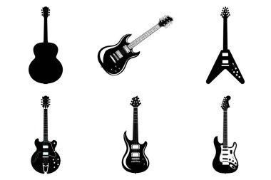 Minimalist Gitar Silüeti Clipart Bundle. Electric Guitar, Classic Acoustic Guitar, Rockstar Guitar, Modern Guitar, Music Instrument Vector Illustration.