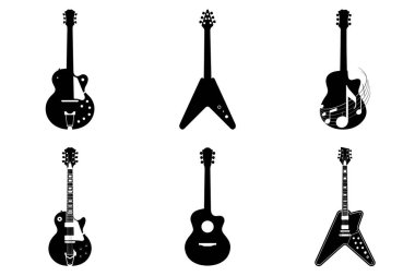 Minimalist Gitar Silüeti Clipart Bundle. Electric Guitar, Classic Acoustic Guitar, Rockstar Guitar, Modern Guitar, Music Instrument Vector Illustration.