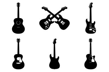 Minimalist Gitar Silüeti Clipart Bundle. Electric Guitar, Classic Acoustic Guitar, Rockstar Guitar, Modern Guitar, Music Instrument Vector Illustration.