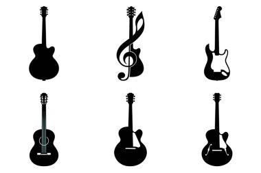 Minimalist Gitar Silüeti Clipart Bundle. Electric Guitar, Classic Acoustic Guitar, Rockstar Guitar, Modern Guitar, Music Instrument Vector Illustration.