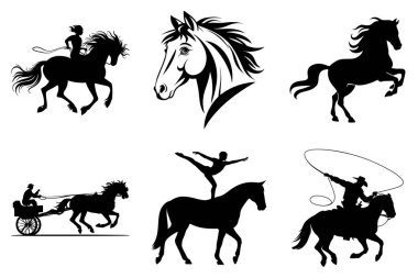 Minimalist At Silueti Set Clipart Tasarımı. Zarif At, Majestic At, Dinamik At, Sersemletici Dörtnala At, Atlı, El yapımı At, Güçlü At Gösterisi.