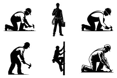 İnşaat işçisi silueti inşaat mühendisi ile ayarlandı. İnşaat Emekçisi Vektör İllüstrasyonu.