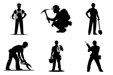 İnşaat işçisi silueti inşaat mühendisi ile ayarlandı. İnşaat Emekçisi Vektör İllüstrasyonu.