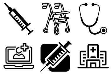 Tıbbi Ekipman Siluet Seti. Doktor Aletler ve Sağlık Hizmetleri, Hastane Ekipmanları, Stetoskop, Şırınga, Termometre, İlk Yardım, Cerrahi ve Teşhis Aletleri. Sağlık Elementleri Siluet Vektör İllüstrasyonu.