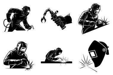 Kaynak İşçisi Siluet Clipart Set. Metal Kaynakçı, Kaynak Miğferi ve Kıvılcımlar, İnşaat ve Kaynak Vektörü İllüstrasyonu.