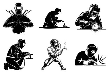 Kaynak İşçisi Siluet Clipart Set. Metal Kaynakçı, Kaynak Miğferi ve Kıvılcımlar, İnşaat ve Kaynak Vektörü İllüstrasyonu.