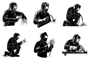 Kaynak İşçisi Siluet Clipart Set. Metal Kaynakçı, Kaynak Miğferi ve Kıvılcımlar, İnşaat ve Kaynak Vektörü İllüstrasyonu.