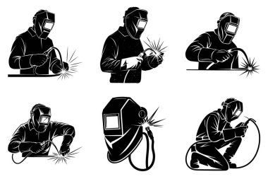 Kaynak İşçisi Siluet Clipart Set. Metal Kaynakçı, Kaynak Miğferi ve Kıvılcımlar, İnşaat ve Kaynak Vektörü İllüstrasyonu.