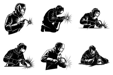 Kaynak İşçisi Siluet Clipart Set. Metal Kaynakçı, Kaynak Miğferi ve Kıvılcımlar, İnşaat ve Kaynak Vektörü İllüstrasyonu.