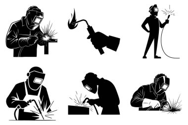 Kaynak İşçisi Siluet Clipart Set. Metal Kaynakçı, Kaynak Miğferi ve Kıvılcımlar, İnşaat ve Kaynak Vektörü İllüstrasyonu.