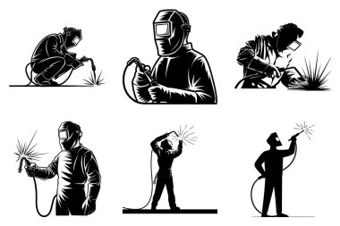 Kaynak İşçisi Siluet Clipart Set. Metal Kaynakçı, Kaynak Miğferi ve Kıvılcımlar, İnşaat ve Kaynak Vektörü İllüstrasyonu.