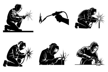 Kaynak İşçisi Siluet Clipart Set. Metal Kaynakçı, Kaynak Miğferi ve Kıvılcımlar, İnşaat ve Kaynak Vektörü İllüstrasyonu.