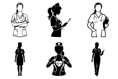 Minimalist Hemşire Silhouette Clipart SVG Tıbbi Projeler Paketi. Kadın Hemşire, Sağlık Hizmetleri, Kahraman Hemşire, Hastane Hemşiresi, Modern Hemşire İllüstrasyonu.