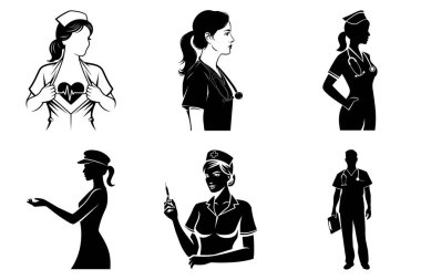 Minimalist Hemşire Silhouette Clipart SVG Tıbbi Projeler Paketi. Kadın Hemşire, Sağlık Hizmetleri, Kahraman Hemşire, Hastane Hemşiresi, Modern Hemşire İllüstrasyonu.