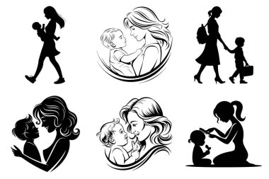 Dünya Anneler Günü Silueti Clipart SVG Paket Tasarımı. Anne ve çocuk oynuyorlar, yürüyorlar, vektör çizimleri tutuyorlar. Annemden emziren çocuk. Anne ve oğul ana hatlarıyla SVG Vektörü.