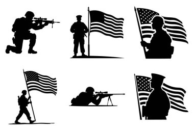 Amerikan Ordusu Askeri Silueti Vatansever Clipart SVG Paket Tasarımı. Amerikan Askeri Vektör İllüstrasyonu.