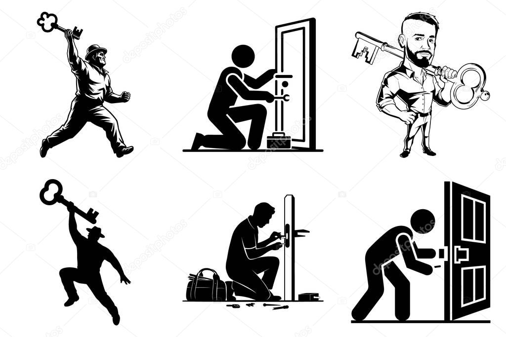 Collection of Locksmith Silhouette Vector Clipart SVG Bundle Design. Security & Safety Logo Icon & Branding. Unlock Creativity, Lock & Key, Vintage & Modern Locksmith Silhouettes Vector Illustration.