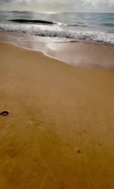 Sakin kumsal sahnesi, yumuşak dalgaların kumsala vurduğu bulutlu ve dramatik bir gökyüzü altında, güneş doğuyor ve okyanus yüzeyindeki ışığı yansıtıyor..