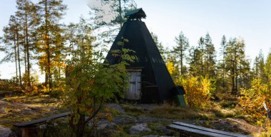 Huzurlu bir orman açıklığında altın sonbahar ağaçlarının arasına yuva yapmış geleneksel Fin kota 'sı, doğa aşıkları ve yürüyüşçüler için vahşi doğayı keşfeden huzurlu bir dinlenme yeri sağlıyor. Finlandiya, Avrupa 'da yakalandı.