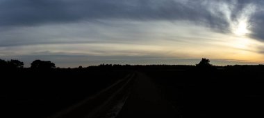 Günbatımının altın renkleri karanlık gökyüzü ile harmanlanarak geniş açık doğa ile çevrili dolambaçlı kırsal bir yol üzerinde uzun gölgeler oluşturur ve barışçıl bir alacakaranlık atmosferi yaratır. Hoge Veluwe Ulusal Parkı, Hollanda, Avrupa 'da yakalandı