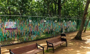 26-07-2023 - Güney Kore 'de askerden arındırılmış bölge: Barış ve uzlaşma için dualar taşıyan renkli kurdeleler yemyeşil ağaçların altındaki banklarla huzur içinde dikenli tellere tutunarak Kore' nin birleşme umutlarını simgeliyor. Yarı yarıya yakalanmış