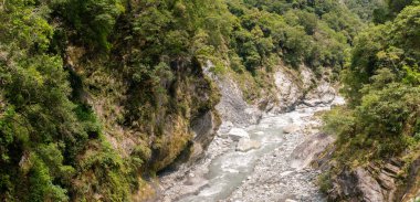 Turkuvaz nehri, yoğun bitki örtüsüyle kaplı dik yamaçlarla çevrili engebeli kayalık vadide kıvrılarak su ve yaban hayat arasında çarpıcı bir kontrastlık yaratır. Taroko Milli Parkı, Tayvan, Asya 'da yakalandı.