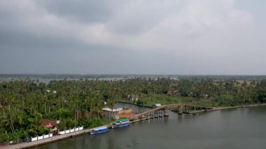 Hindistan cevizi ağaçlı tropik göl manzarası, Kerala doğa manzarası..