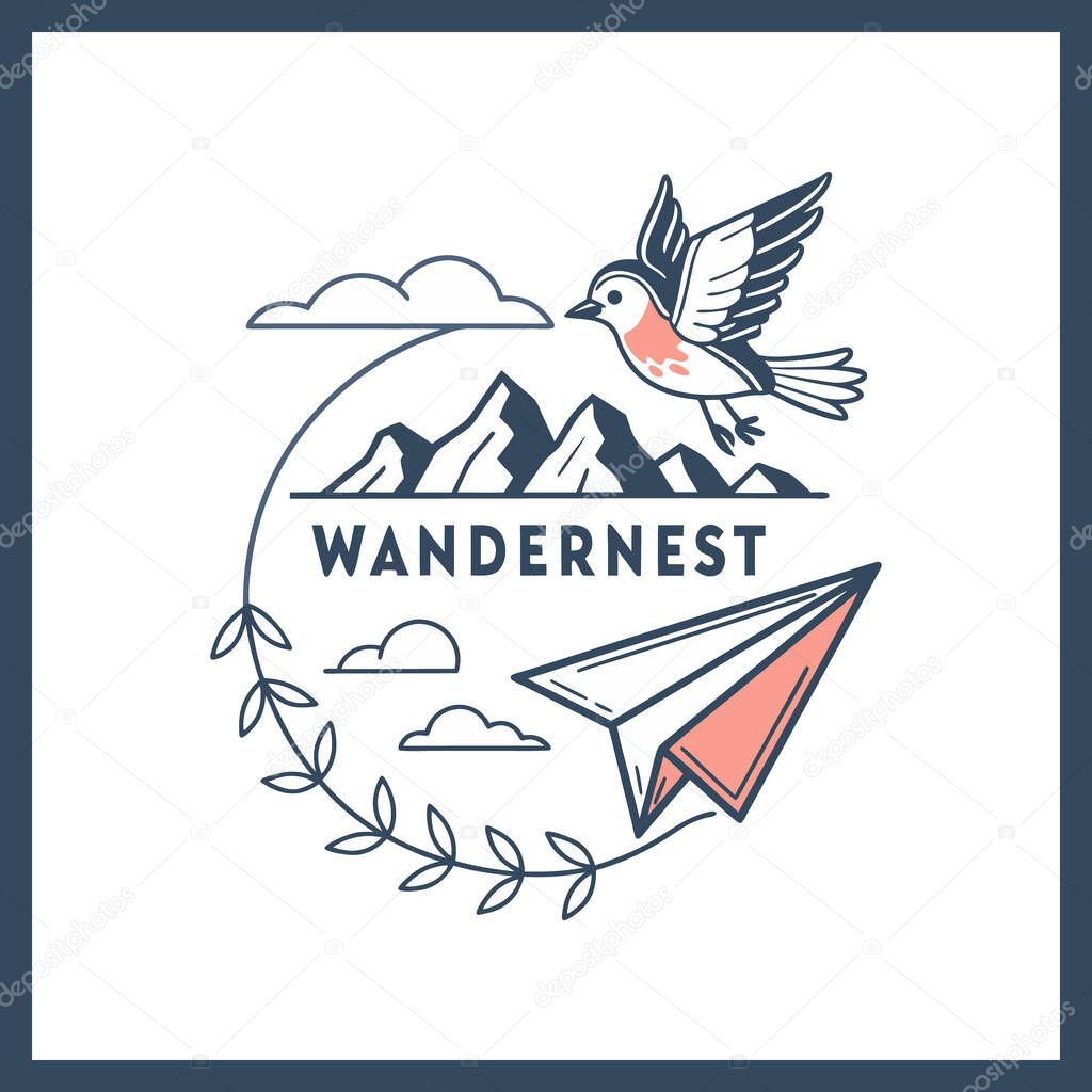 WanderNest Travel Logo  Bird, Paper Plane & Mountain Adventure Emblem Vector