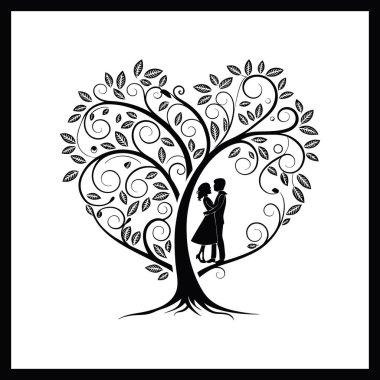  Kalp Şeklinde Aşk Silueti Vektör Tasarımı Altında Romantik Çift