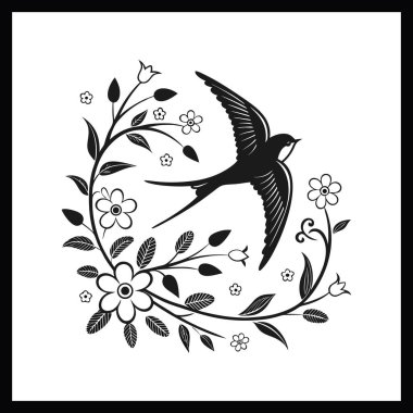 Siyah-beyaz çiçek ve bahar tarzı kıvrımlı yaprak siluetleri içeren soyut çiçek vektör çizimi