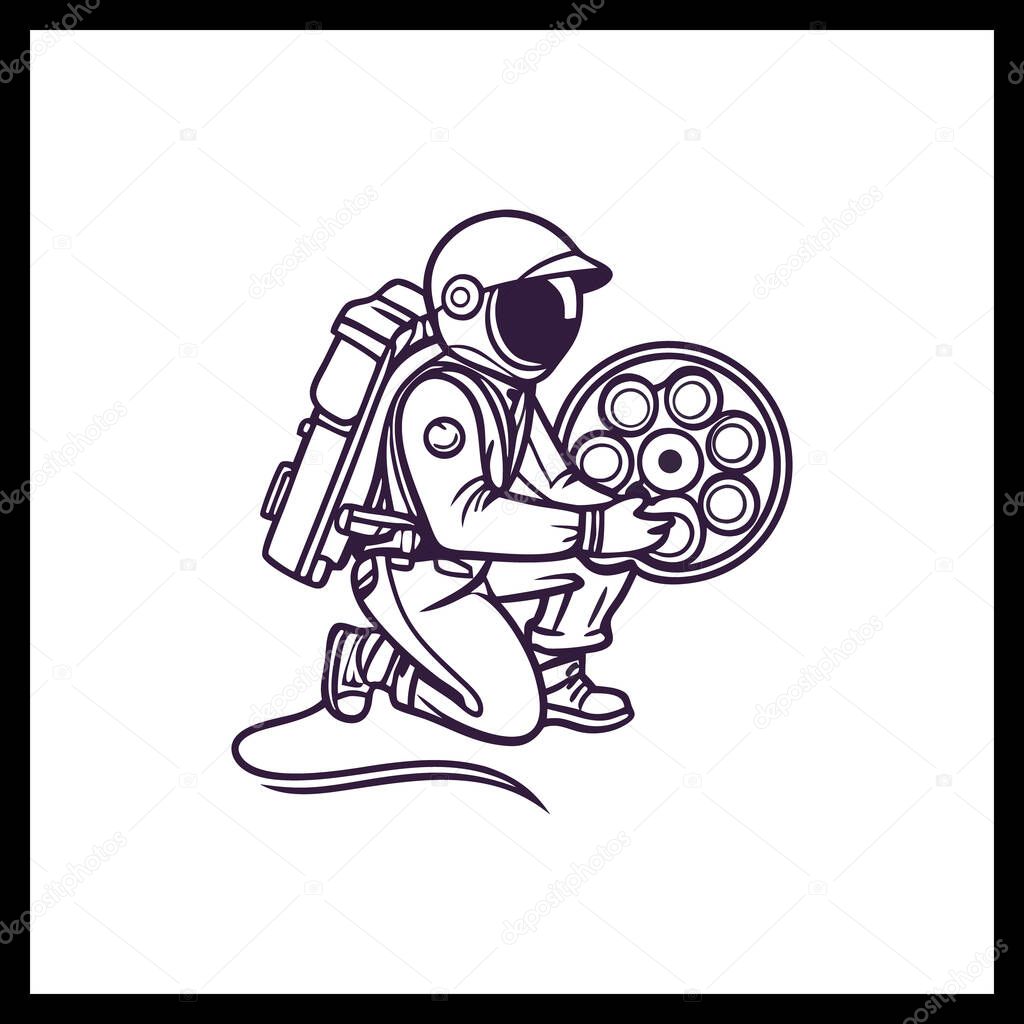 Space Astronaut with Film Reel Vector  Futuristic Space Cinema Illustration Design
