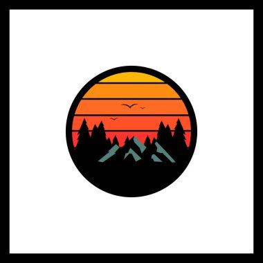 Vintage Sunset Mountain Forest Vector Doğa Manzarası Görüntü Görünümü Açık Hava ve Macera Sanatı Tasarımı