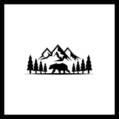 Ayı, Ağaç ve Kartal Vahşi Yaşam Macerası Silüeti Tasarımlı Minimal Dağ Peyzaj Vektörü