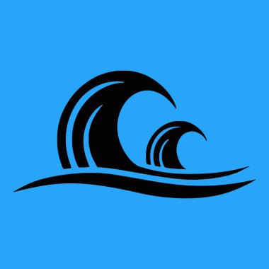 Stilize okyanus dalgaları; büyük ve küçük, açık mavi arkaplanda siyah siluetler