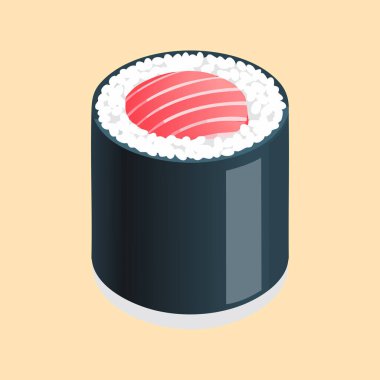 Resimli suşi rulosu, esmer arka planda yosun, pirinç ve balık.